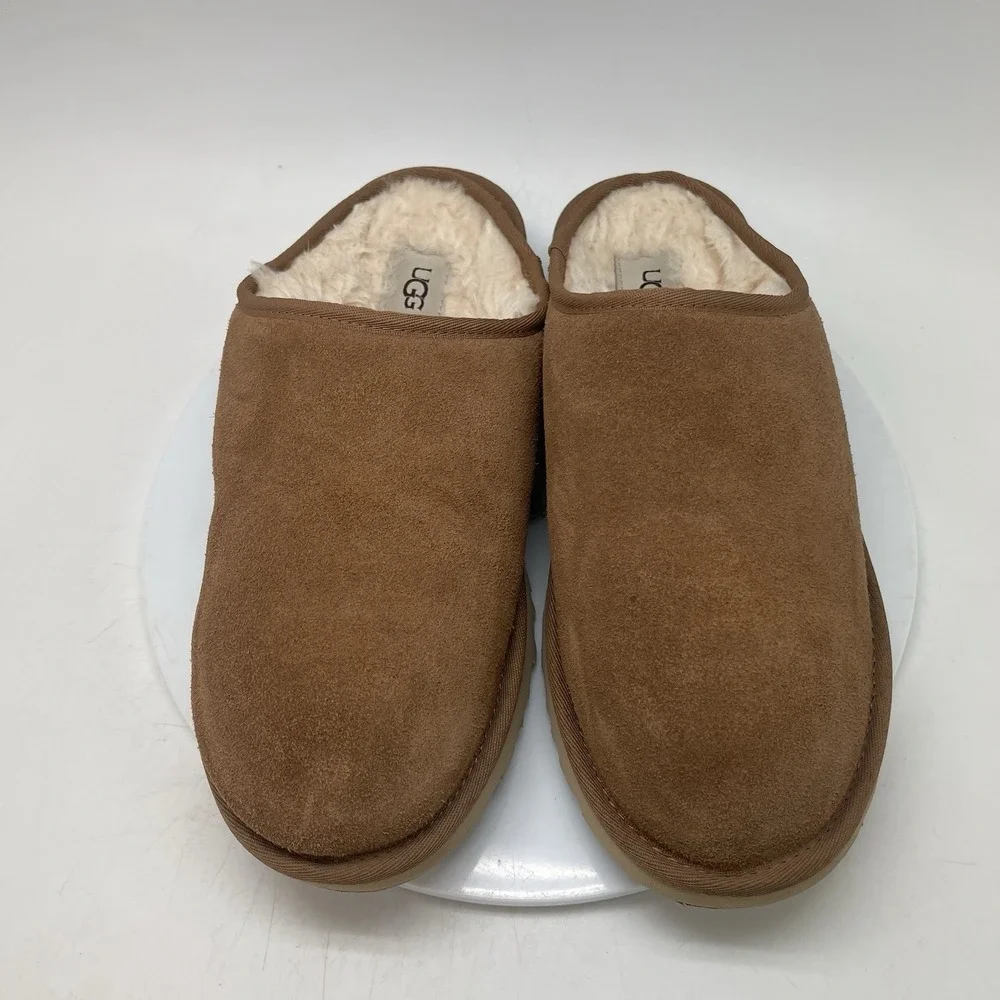 UGG Slippers Mens 9 Slip On Suede Brown Fur Lined‎ Comfort Casual 1129290 Shoes